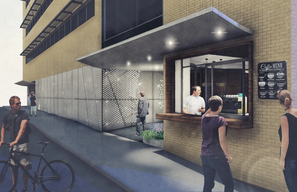 2018 concept rendering of a café window at Suite 102, not as built