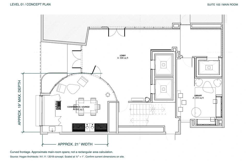 Ground-floor concept plan with approximate Suite 102 dimensions